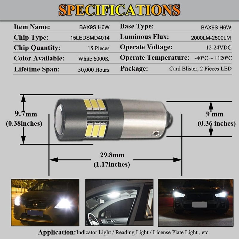 Eluseastar BAX9S H6W LED Bulbs White 6000K 12V-24V 15LED SMD4014 Canbus Error Free with Projector For Car Sidelights Backup Interior Light and More - Image 3